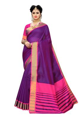 Purple Pink Cotton Silk Saree With Blouse 1