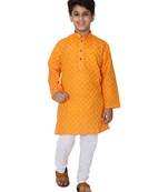 Orange printed cotton silk boys-kurta-pyjama