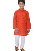Red printed cotton silk boys-kurta-pyjama