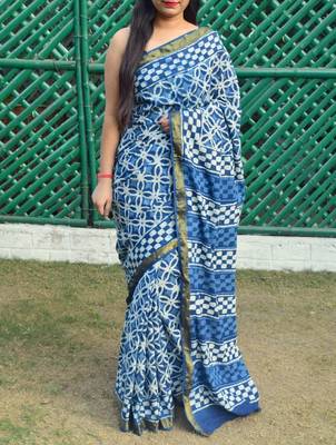 Indigo Printed Cotton Saree With Blouse 1
