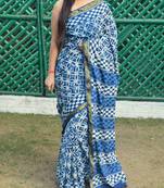 Indigo Printed Cotton Saree With Blouse