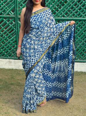 Indigo Printed Cotton Saree With Blouse 2