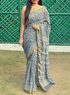 Grey Printed Cotton Saree With Blouse 1