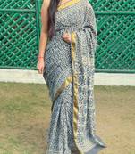 Grey Printed Cotton Saree With Blouse