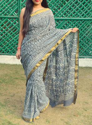 Grey Printed Cotton Saree With Blouse 2