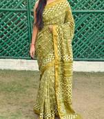 Green Printed Cotton Saree With Blouse