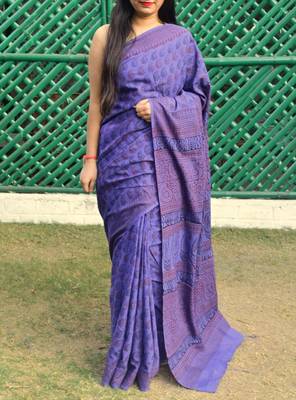 Purple Printed Cotton Saree With Blouse 1