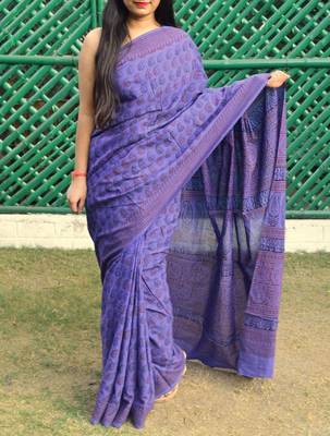 Purple Printed Cotton Saree With Blouse 2