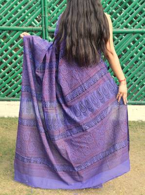 Purple Printed Cotton Saree With Blouse 3