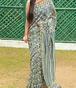 Grey Printed Chanderi Silk Saree With Blouse