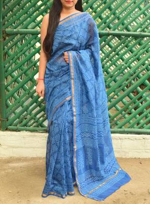 Blue Printed Chanderi Silk Saree With Blouse 1