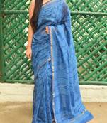 Blue Printed Chanderi Silk Saree With Blouse
