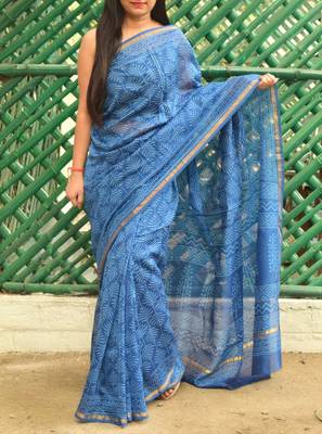 Blue Printed Chanderi Silk Saree With Blouse 2
