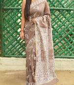 Brown Printed Chanderi Silk Saree With Blouse