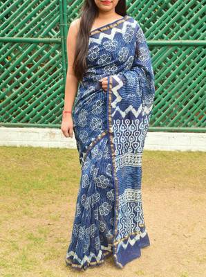 Indigo Printed Chanderi Silk Saree With Blouse 1