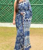 Indigo Printed Chanderi Silk Saree With Blouse