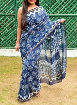 Indigo Printed Chanderi Silk Saree With Blouse 2