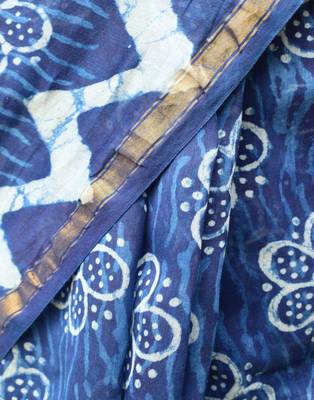 Indigo Printed Chanderi Silk Saree With Blouse 4