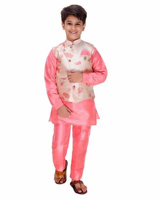 Pink plain cotton silk boys-kurta-pyjama 1