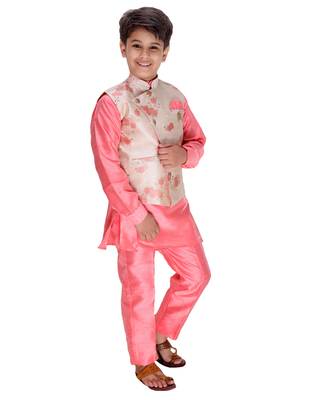 Pink plain cotton silk boys-kurta-pyjama 2