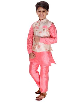 Pink plain cotton silk boys-kurta-pyjama 3