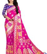 Pink woven cotton silk saree with blouse