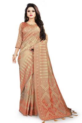 Beige woven cotton silk saree with blouse 1