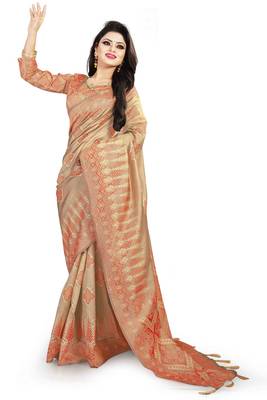 Beige woven cotton silk saree with blouse 2