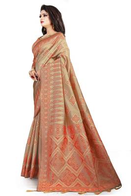 Beige woven cotton silk saree with blouse 3