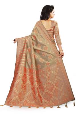 Beige woven cotton silk saree with blouse 4