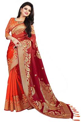 Orange woven cotton silk saree with blouse 2