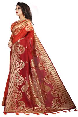 Orange woven cotton silk saree with blouse 3