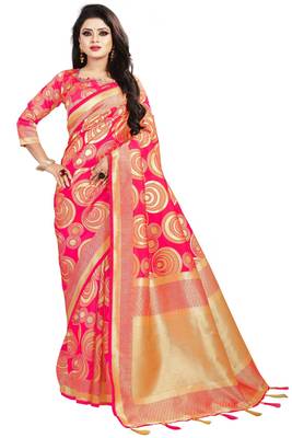 Pink woven cotton silk saree with blouse 1