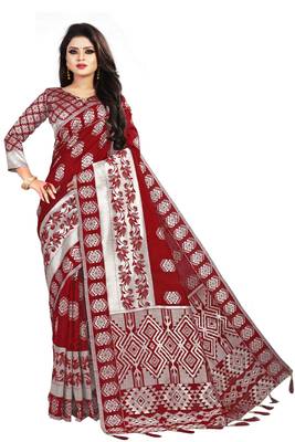 Maroon woven cotton silk saree with blouse 1