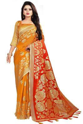 Orange woven cotton silk saree with blouse 1