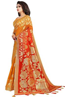 Orange woven cotton silk saree with blouse 2