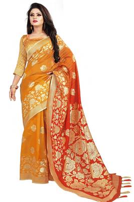 Orange woven cotton silk saree with blouse 3