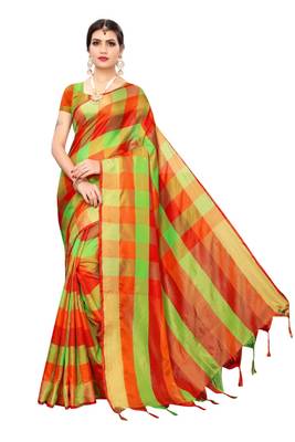 Orange Green Checks Cotton Silk Saree With Blouse 1