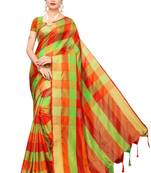 Orange Green Checks Cotton Silk Saree With Blouse