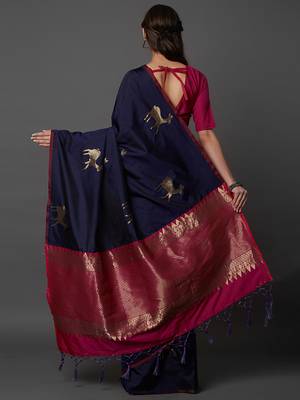 Navy blue woven cotton silk saree with blouse 4