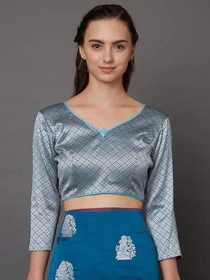 Blue woven cotton silk saree with blouse 5