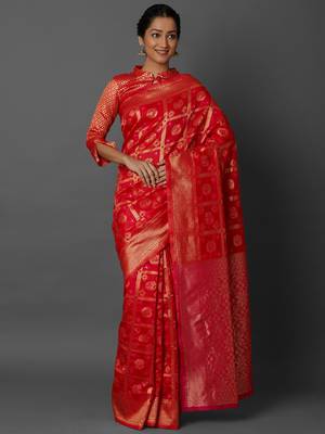 Red woven cotton silk saree with blouse 2