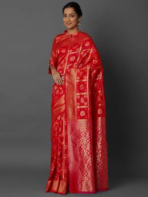 Red woven cotton silk saree with blouse 3