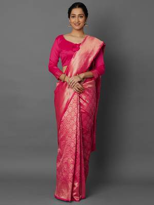 Pink woven cotton silk saree with blouse 1