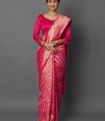 Pink woven cotton silk saree with blouse