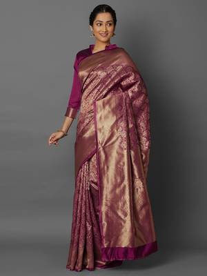 Magenta woven cotton silk saree with blouse 3