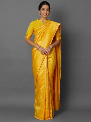Yellow woven cotton silk saree with blouse 2