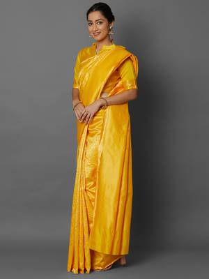 Yellow woven cotton silk saree with blouse 4