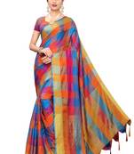Blue Orange Checks Cotton Silk Saree With Blouse