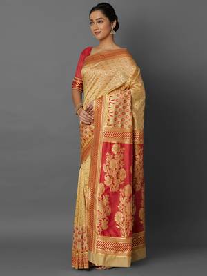 Yellow woven cotton silk saree with blouse 4